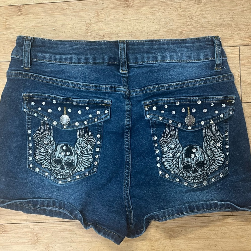 Embellished Denim Shorts with Skull Design